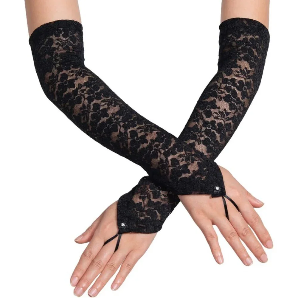 Women's Black 15.8 Inch Elbow Length Finger Less Halloween Cosplay Gloves